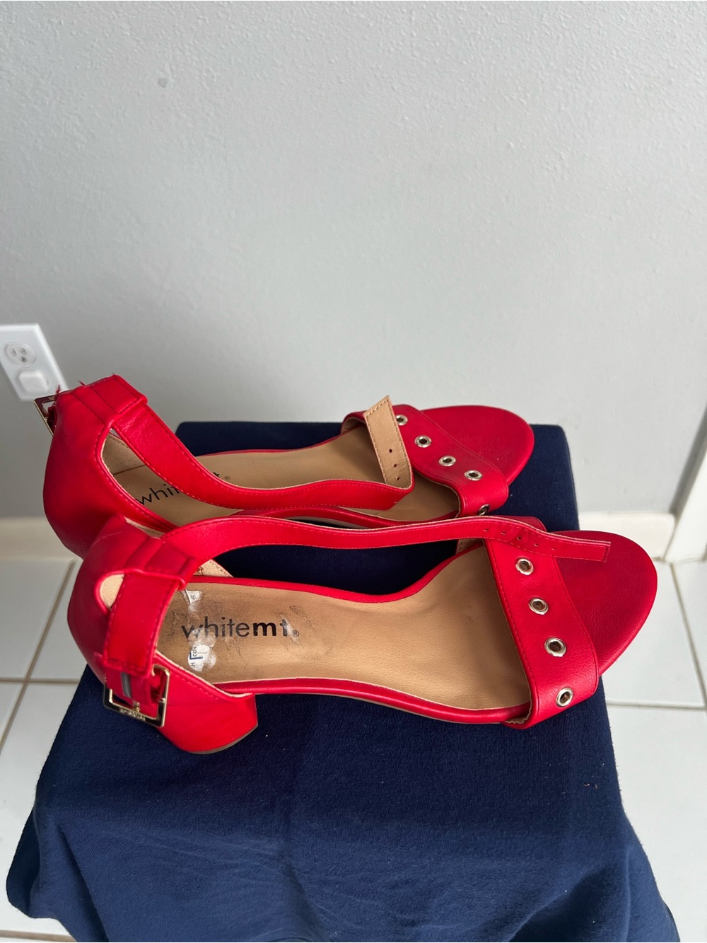 White mt Red Open-Toe Ankle-Strap Heels with Eyelet Detail